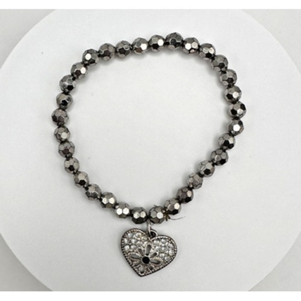 Vintage 90s Silver Tone Beaded Heart Charm Bracelet Fashion Jewelry Rhinestones